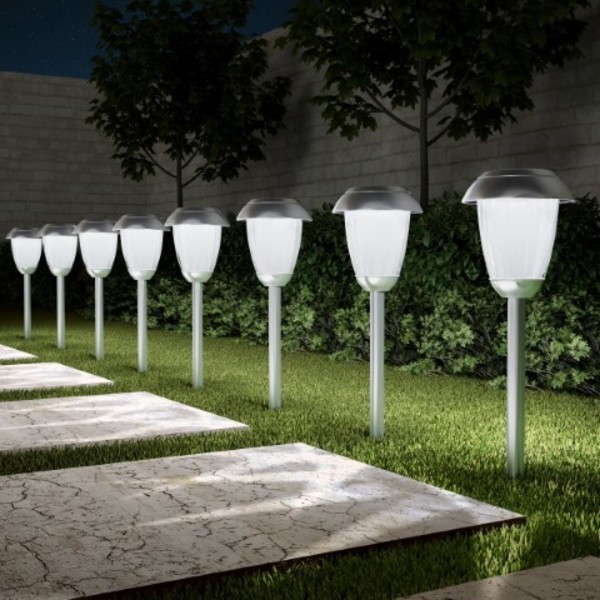 Nature Spring Set of 8 Solar Path Lights, 16" Tall Stainless Steel Outdoor Stake Lighting for Garden, Gunmetal 239196ATZ